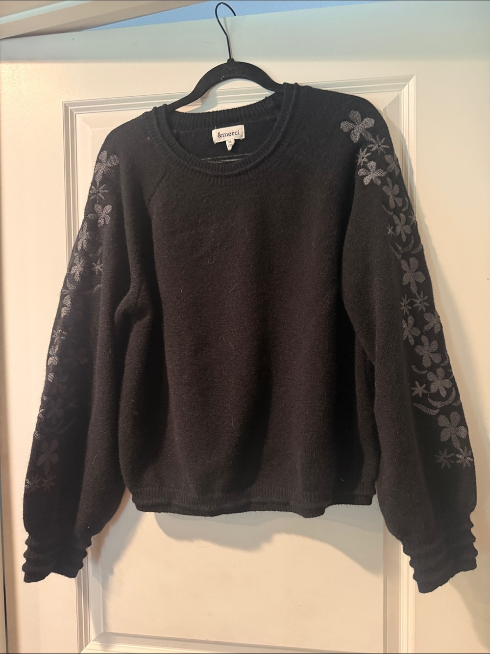 &merci Black Crewneck Sweater with Floral Sleeve Detail